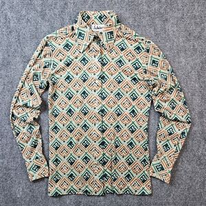 70s Lady Manhattan Mod Disco Geometric Dagger Collar Nylon Button Down Top